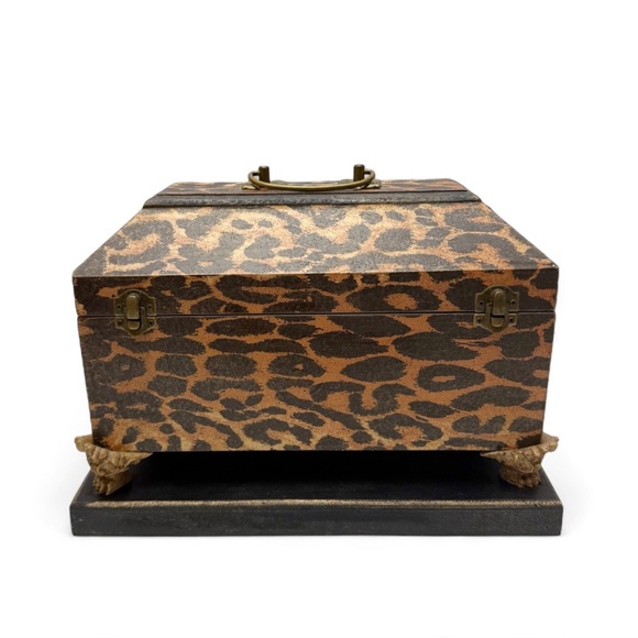 Vintage Leopard Print Wooden Resin Rectangular Claw Foot Decorative Box Chest